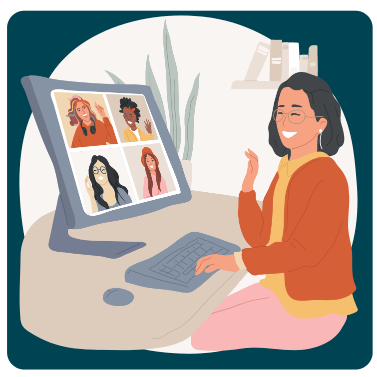 Vector art showing a woman seated at a desk talking with four other people on a video conference. She is waving. 