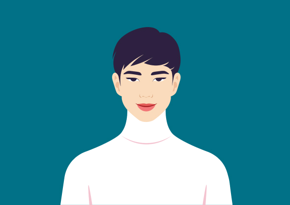 Man with white turtle neck and blue background