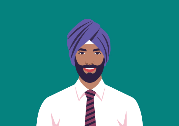Man with beard, turban and tie on green background. 