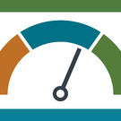 Dial with orange, blue, and green sections, with the dial hand pointing in the middle. The dial is on a white background with a green and blue edge.