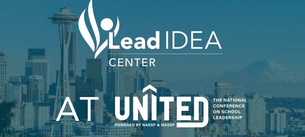 The white Lead IDEA Center logo centered with "at" and the white UNITED Conference logo below it. These graphics are over a blue transparent background with a picture of the Seattle skyline.